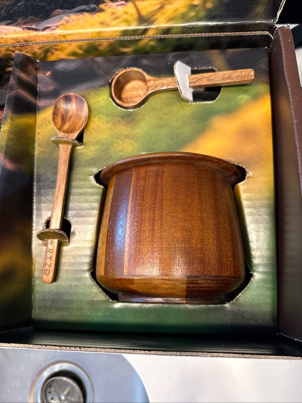 RYZE Mushroom coffee acacia jar w/lid, frother, scoop, spoon & magnet NWT